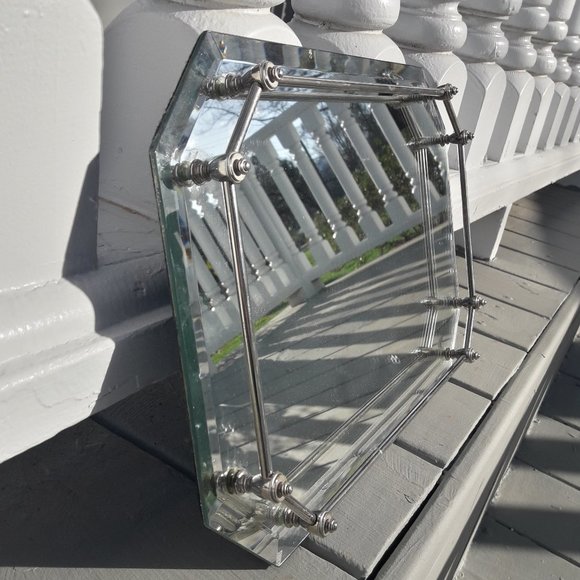 Vanity Mirror Vintage Trey Silver Handles Octagon Shape Mirrored Tray Art Deco - Picture 13 of 14